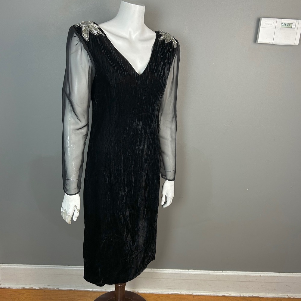 VTG Black Velvet Glamorous Dress Small Sheer Pencil Jazz 20s Beaded Cocktail
